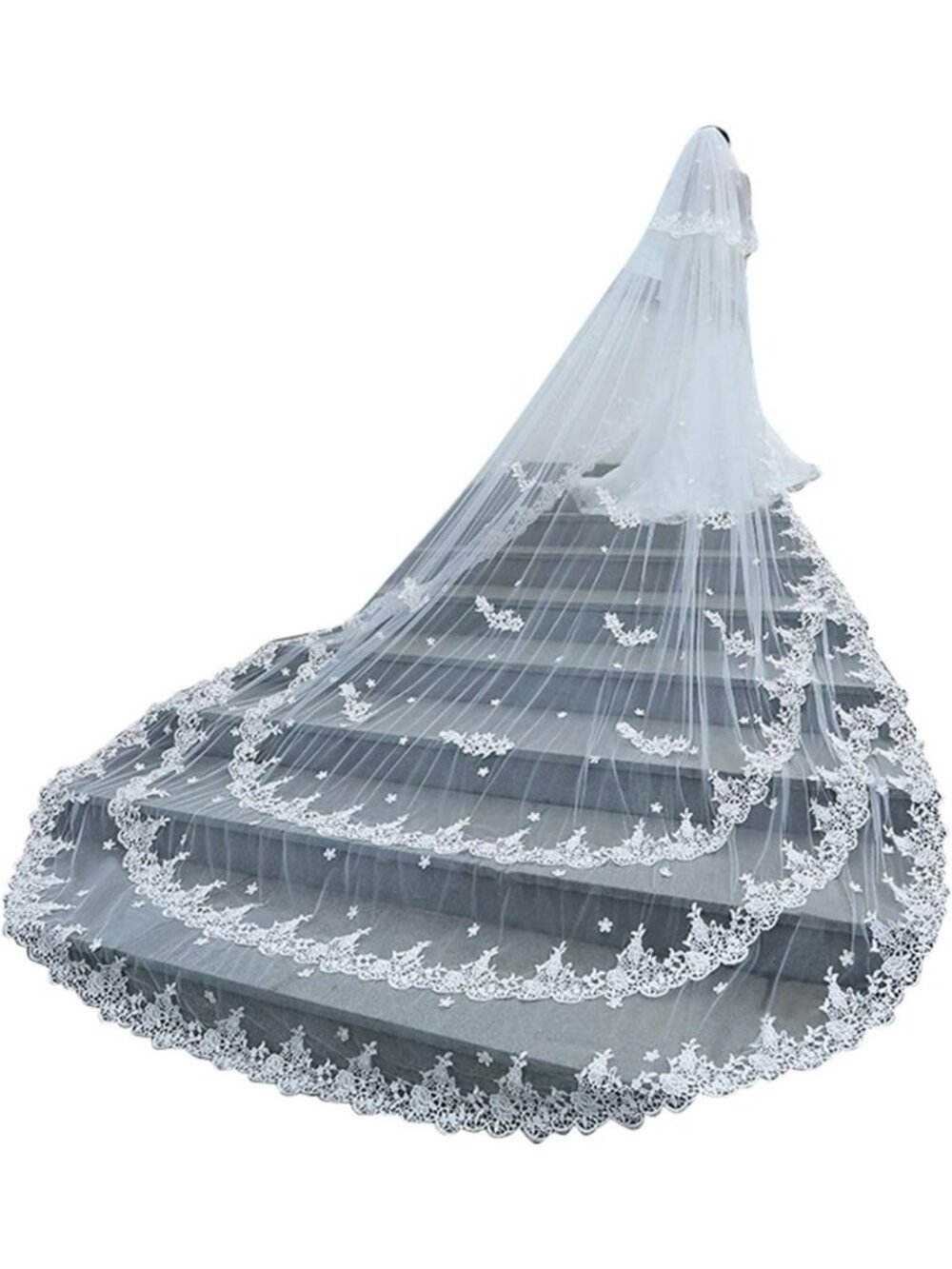 Elegant Long Wedding Veil with 2 Tier Triple Lace Edge & Blusher Comb for Brides